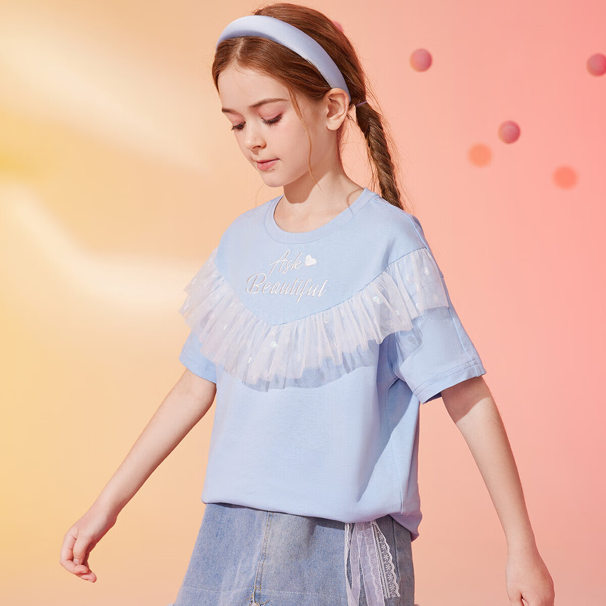 ASK JUNIOR Girls' Short-Sleeve T-Shirt, 2025 Summer, for Older Children, Mesh Le...