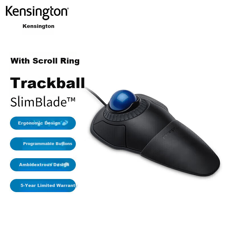 Kensington Trackball Ergonomic Mouse for Home Office Design with Control Ring fo...