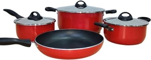 Premier 7Pcs Complete Cookware Set - Non Stick Stainless Steel - Heat Resistant Handles - Dishwasher Safe - Frypan 24cm with SS Lid, Stew Pot 18cm & 24cm, Saucepan 16cm