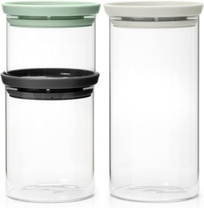 Brabantia Set of 3 Stackable Glass Jars, 0.3, 0.6 and 1.1 litre - Transparent