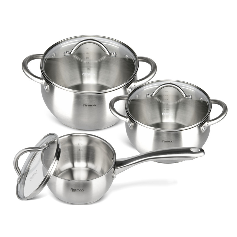 Fissman Cookware Set Nancy 6 Pcs With Glass Lids (Stainless Steel)