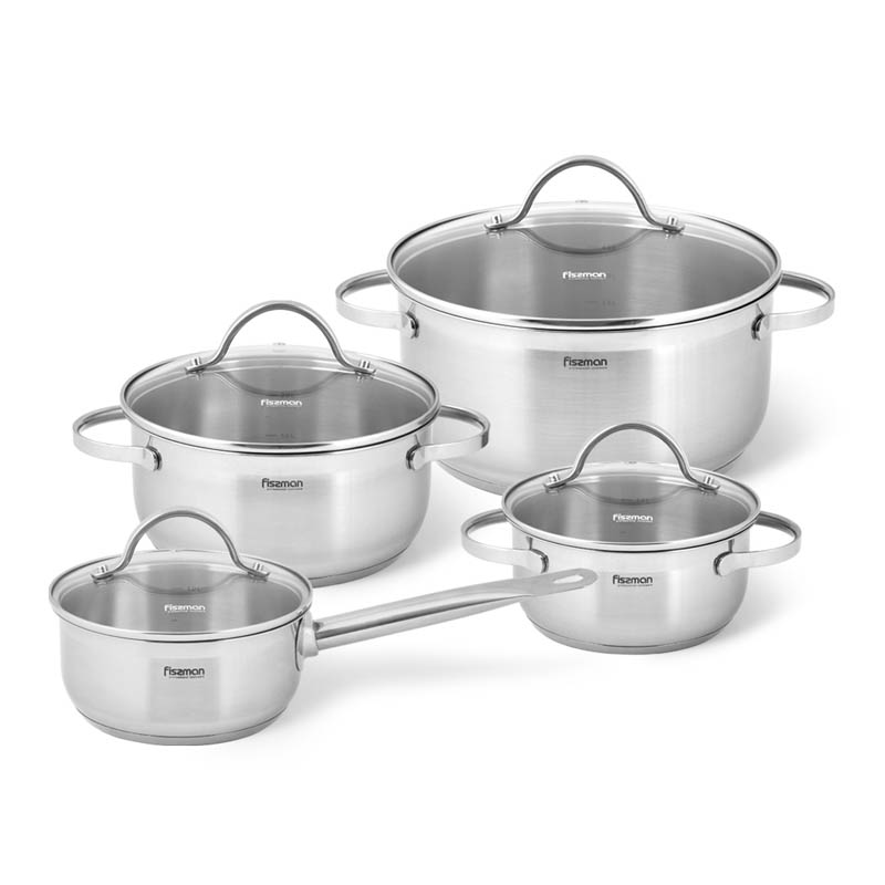 Fissman Cookware Set Gabriela 8 Pcs With Glass Lids (Stainless Steel)