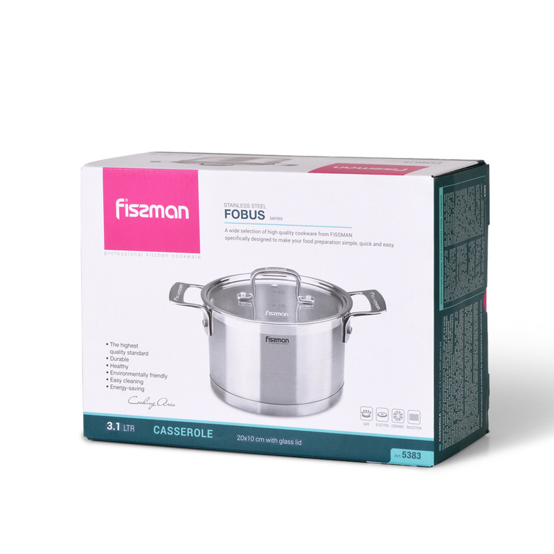 Fissman Stockpot Fobus 20x10cm/3.1LTR With Glass Lid (Stainless Steel)