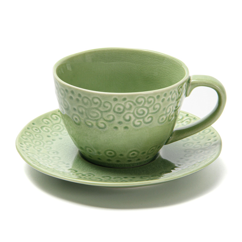 Fissman Cup 260ml And Saucer Green Crackle (Ceramic)