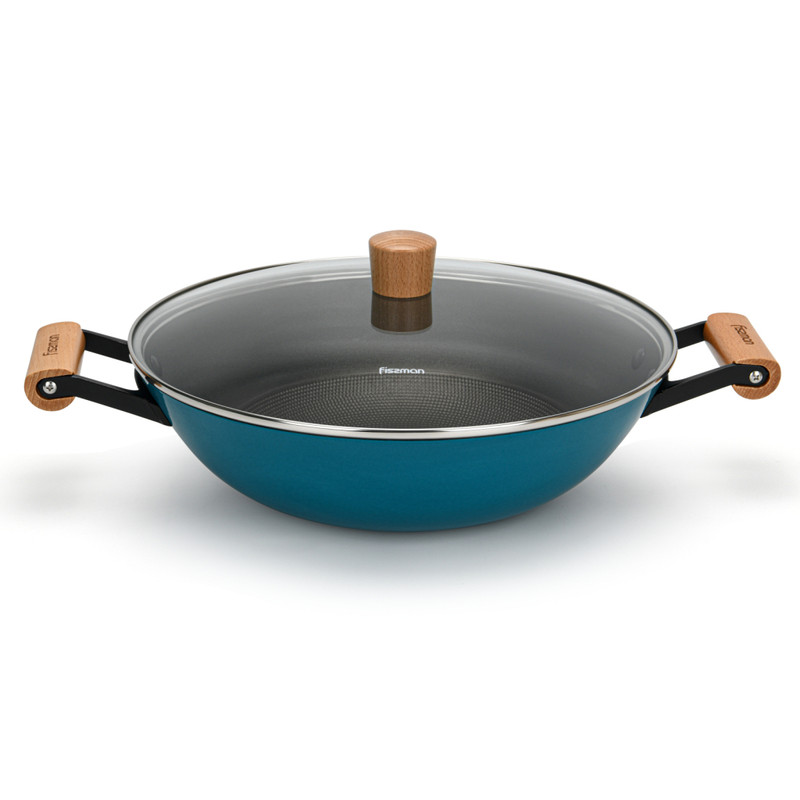 Fissman Wok Seagreen 32x9.2/5LTRcm With Glass Lid (Enamelled Lightweight Cast Ir