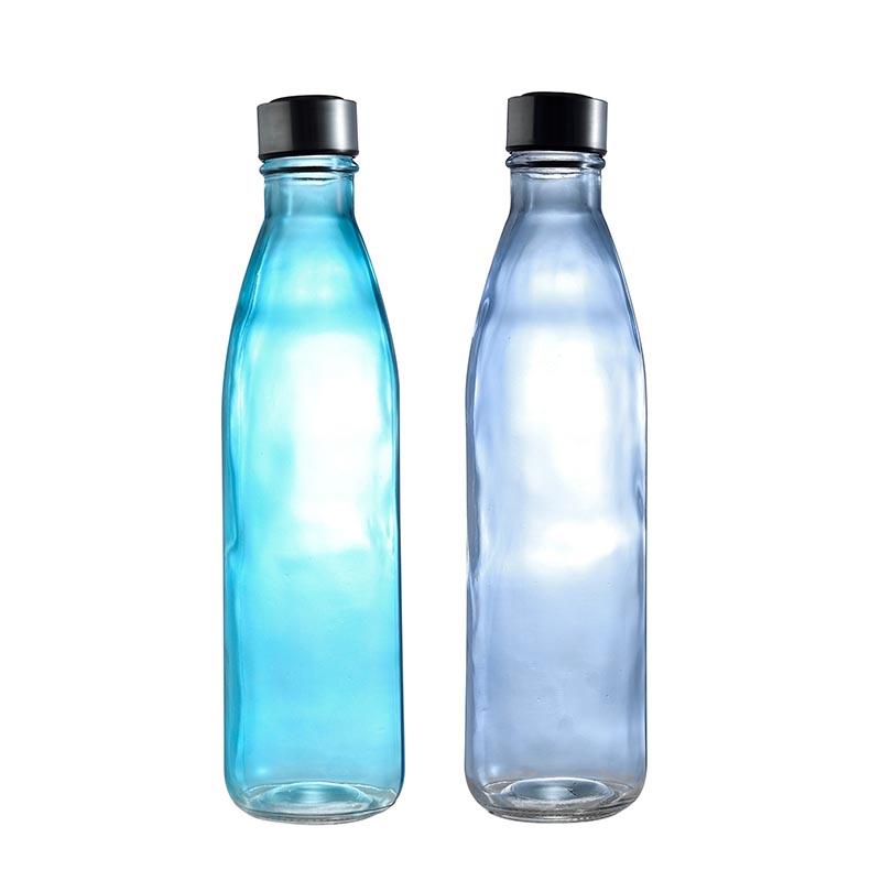 2 Piece Glass Water Bottle 1.0 Litre Leak Proof Stainless Steel Lid Blue Color