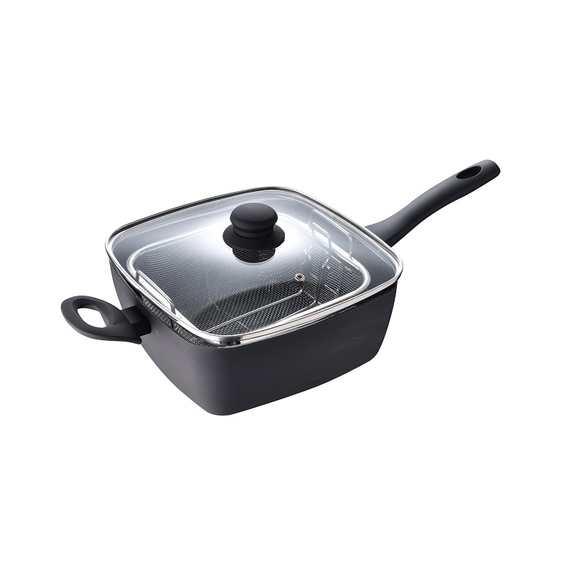 Square Pan With Lid Aluminium Marble NonStick & Coating Fryer Basket Black Color