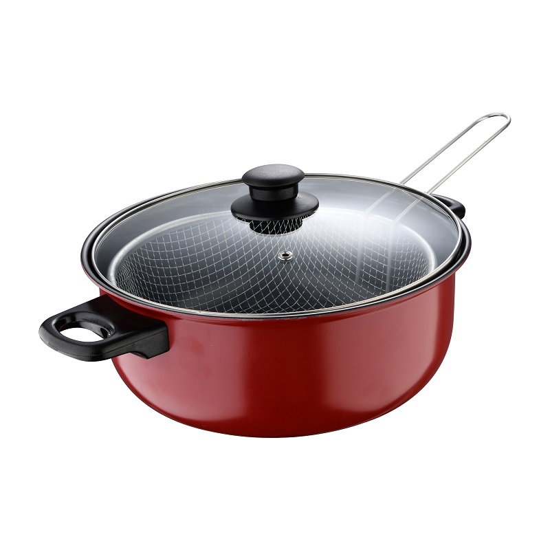 3PC Deep Fryer Set With Basket Carbon Steel Non-Stick Coating Red/Black Color