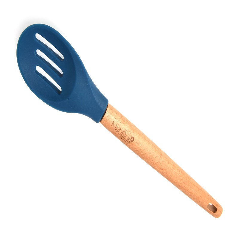 Beech Wood Handle Silicone Slotted Spoon Blue/Brown Color 29.9X5.8X1.6 Cm