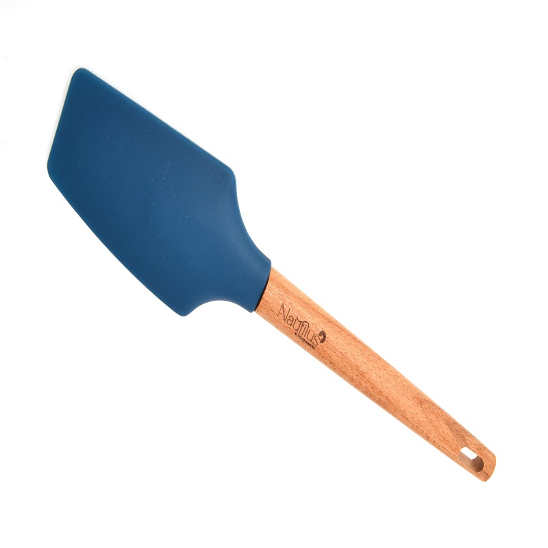Beech Wood Handle Silicone Spatula Blue/Brown Color 29.9X6.4X1.6 Cm