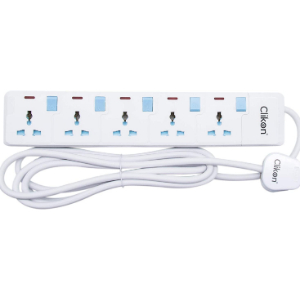 Clikon - 5 Way Extension Socket, 3 Meter Cable Length, White with Blue Switches