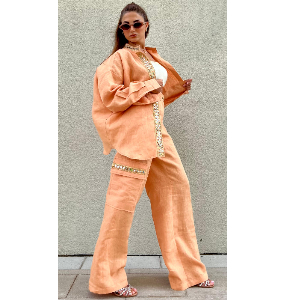 Chic Peach & Occian Linen Blouse and Pants with Sparkling Mirror Trim