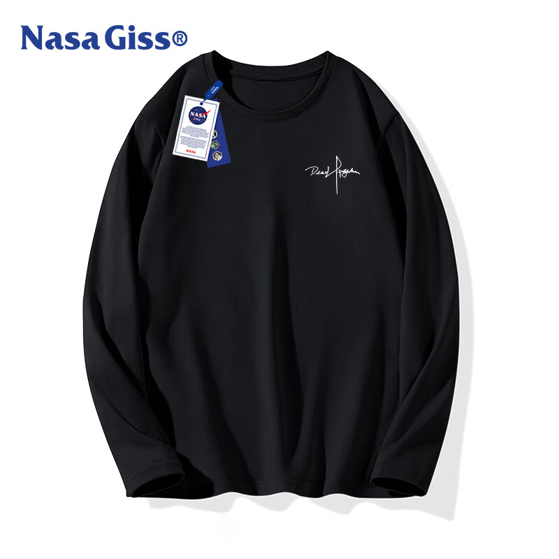 NASA GISS Official Trendy Brand Long-Sleeve T-Shirt for Men, Autumn Loose-Fit Pure Cotton Versatile Signature Undershirt Top, Black, 2XL