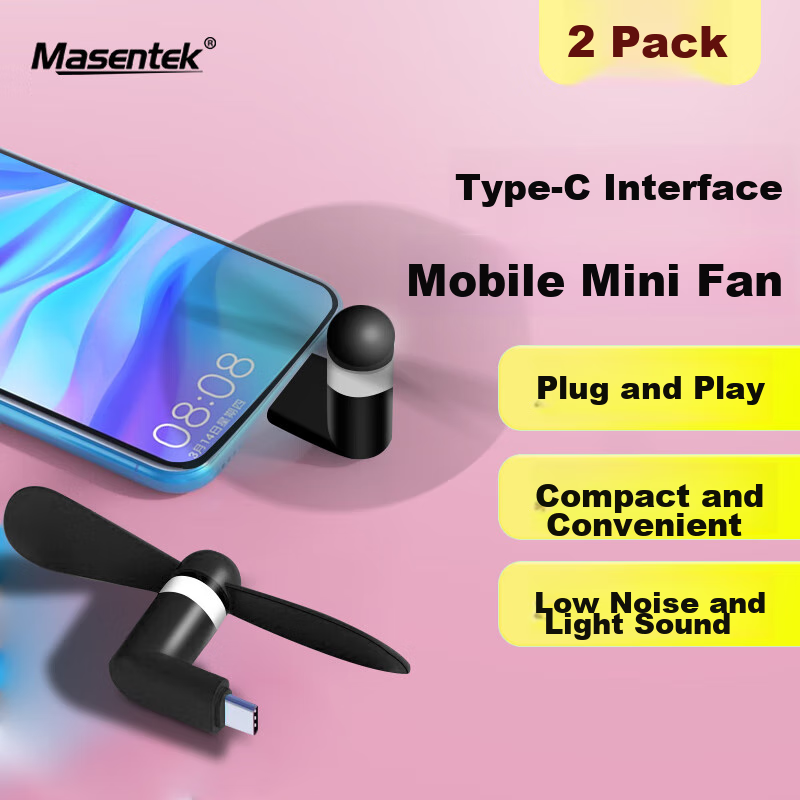 Masentek Type-C Mini Fan, Phone Charging Interface, Portable USB Fan, Suitable for Students And Travel, Compatible with Apple, Huawei, Xiaomi, OPPO, Black, 2-Pack