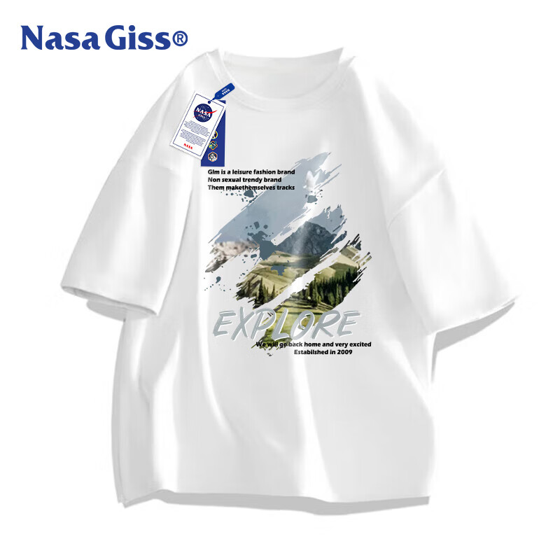 NASA GISS Official Collaboration T-Shirt for Men, Pure Cotton Trendy Japanese-Style Loose Round Neck Printed Short Sleeve for Students, White, XL