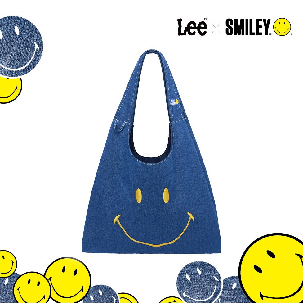 Lee Collaboration Smiley Face Tote Bag Women's Denim Armpit Single Shoulder Bag Commuting Handbag Large Capacity Shopping Bag Denim Blue