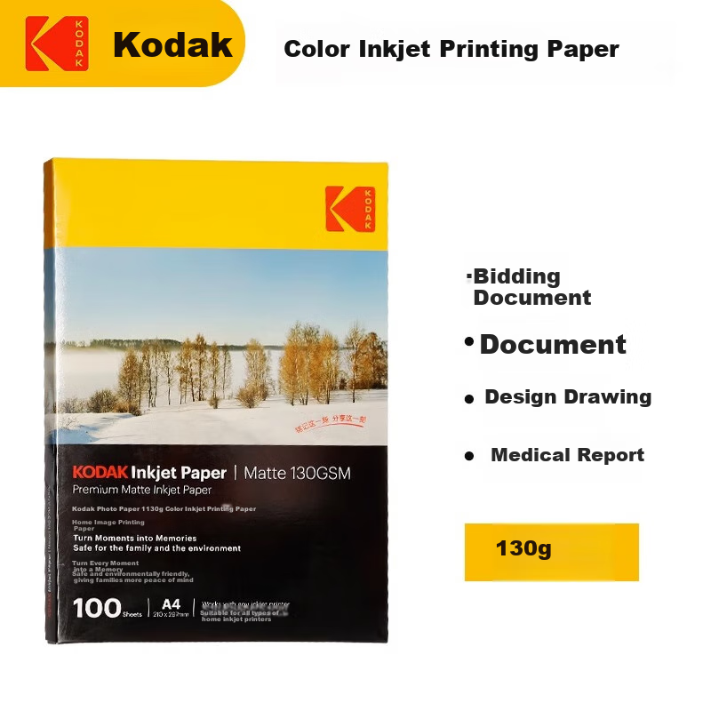 KODAK A4 Matte Inkjet Paper 130gsm Color Printing Paper for Resumes Medical Records Advertising Flyers Menu Paper 100 Sheets Pack 9891-103