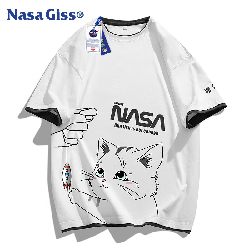 NASA GISS Men's Short Sleeve T-shirt Summer Casual Cartoon Print Loose Fit Round Neck Half Sleeve White L