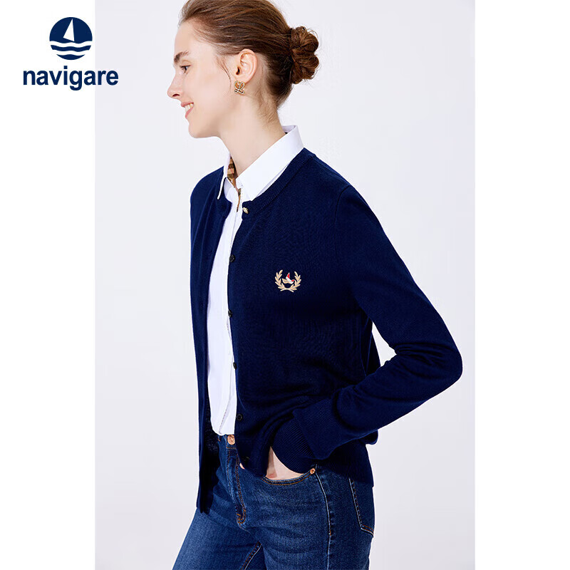 Navigare Italian Small Sailboat Women's Knit Sweater, Spring And Autumn Round Neck Cardigan Sweater Jacket 2334092061, Navy Blue, S