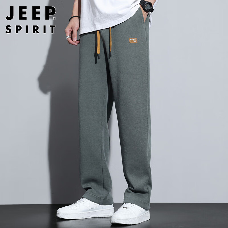 JEEP SPIRIT Men's Casual Pants Autumn and Winter Straight Wide Leg Pants Thickened Fleece Lined Trousers Men Army Green 3XL