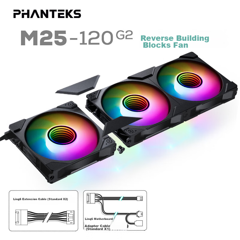 PHANTEKS M25 Anti-Leaf Second Generation Building Block Fan, 12cm, Iridescent, 3-Pack Case Water Cooling Radiator Fan (ARGB Infinite Mirror/Hidden Screws/PWM Temperature Control/Black)