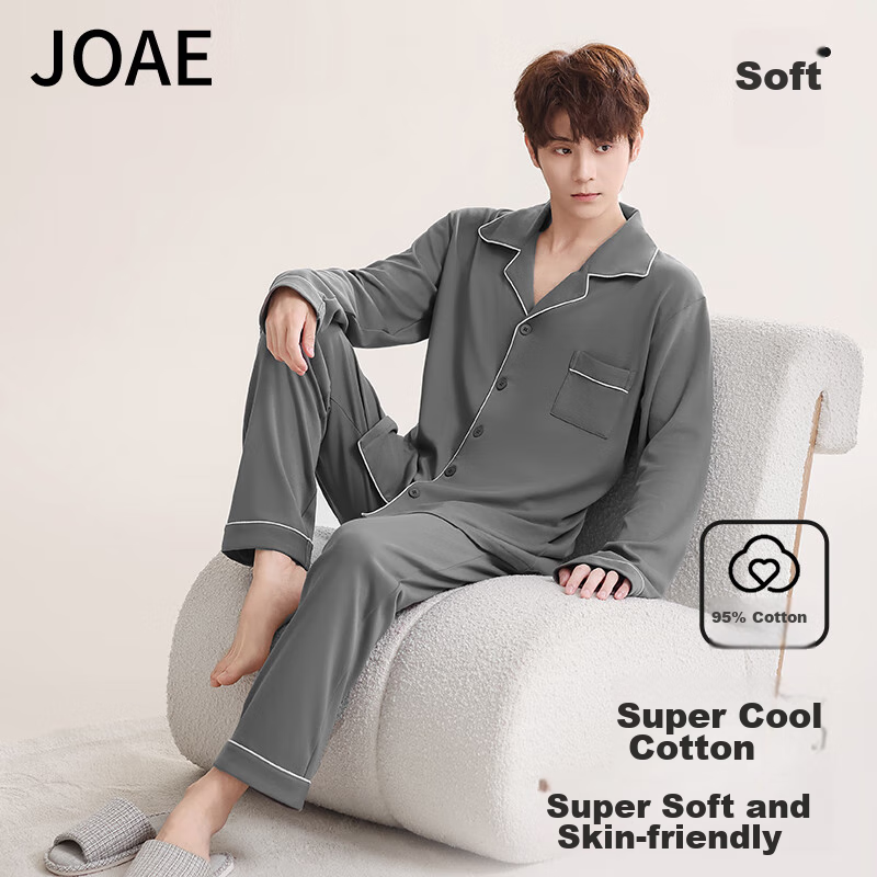 JOAE [Super Cool Series] Pure Cotton Men's Pajamas, Spring And Autumn Long-Sleeve Long Pants, Wearable As Outerwear, Cardigan Loungewear, Dark Gray, XL