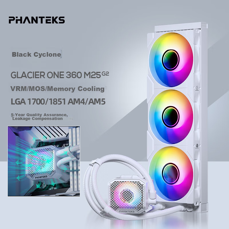 PHANTEKS M25 Black Whirlwind, White 360 All-In CPU Liquid Cooler, VRM Cooling, ARGB Infinite Mirror Light Effects, PWM High Airflow Cubic Fans, LGA1851