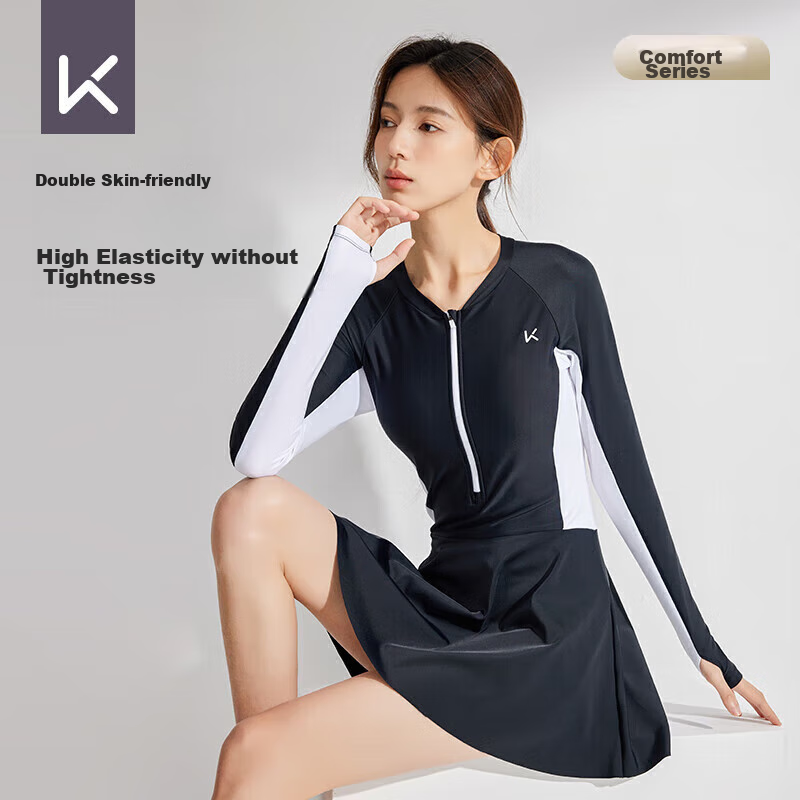 Keep Women's Long-Sleeve Professional One-Piece Swimsuit, Plus Size, Conservative, for Hot Springs, Soft Black-Gray, Size L