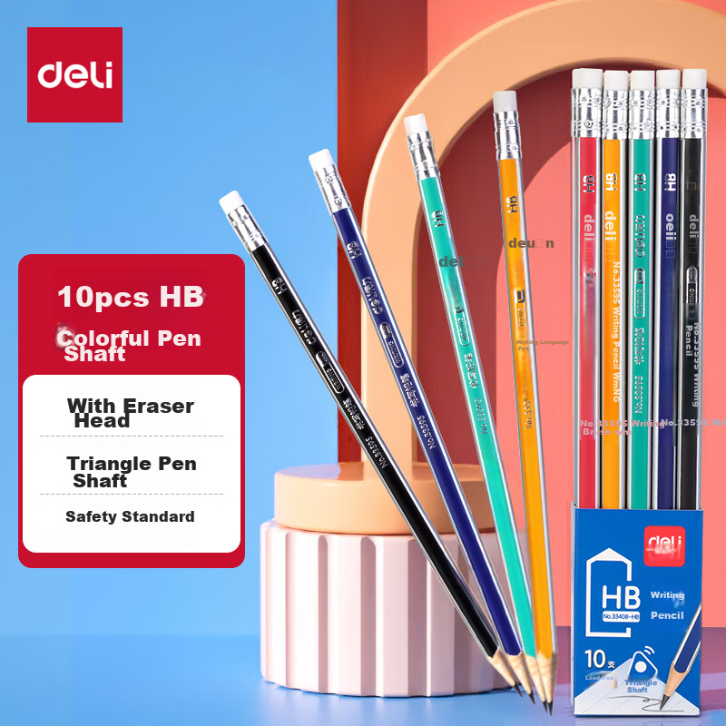 Deli 10 HB Colored Triangular Pencil with Leather Tip, Simple Packaging, Student Writing And Sketching Pencil, Gift, 33408-HB, Back-To Gift