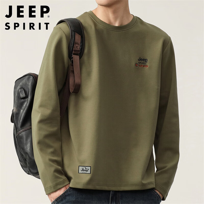 JEEP SPIRIT Men's Long-Sleeve T-Shirt, Autumn And Winter Heavyweight Pure Cotton Top, Embroidered Undershirt, Round Neck Clothing, Army Green, XL