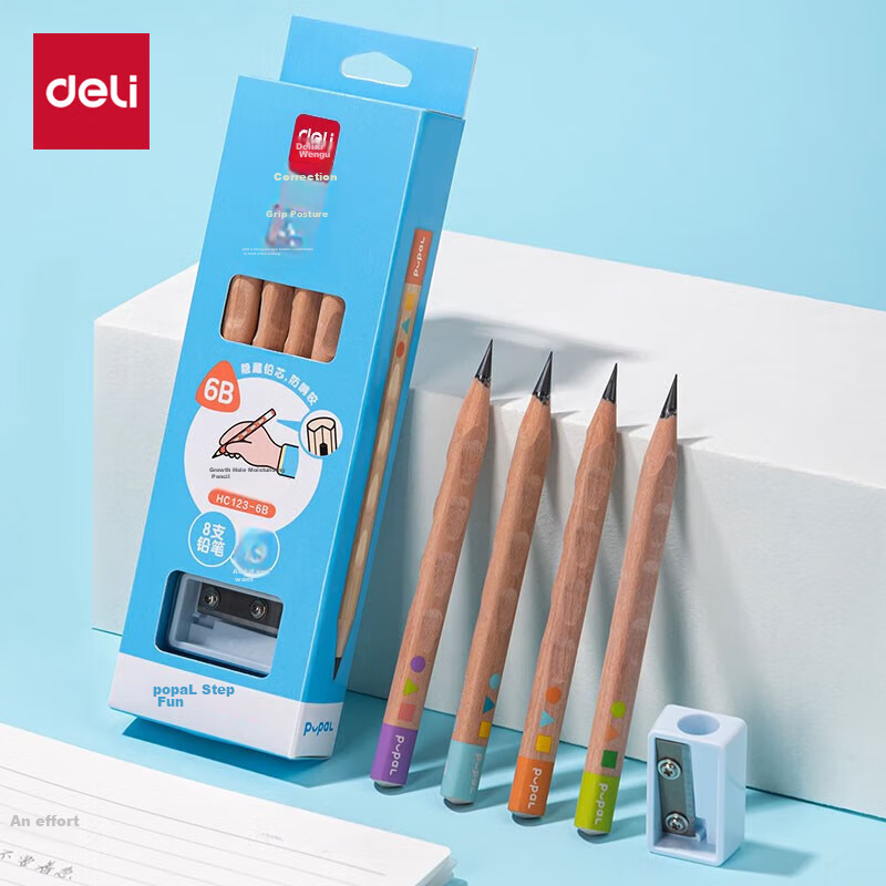 Deli 6B Perforated Pencils, Step-By Growth Perforated Writing Pencils (8 Pcs/box), Drawing Doodling Children's Posture-Correcting Pencils, Student Handwriting Practice Pencils, Gift HC123-6B