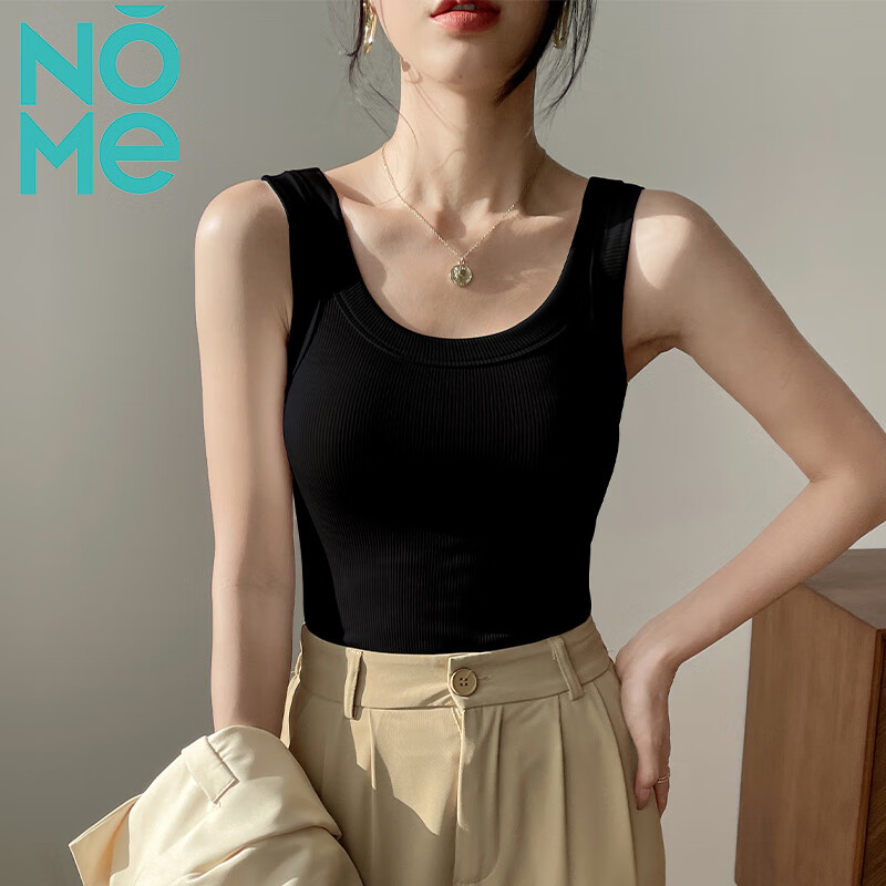 NOME NOME Women's Spaghetti Strap Tank Top Spring Summer New Ribbed Outer Wear Inner Wear Tank Top Black [Round Neck] L