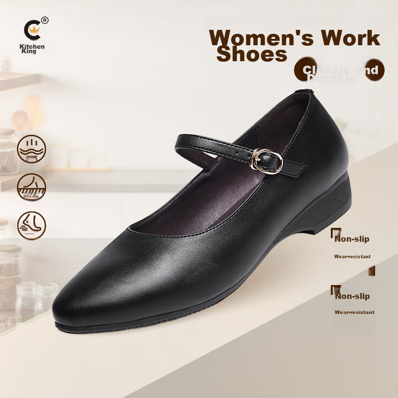 Chuwang Women's Flat Chef Shoes, Waiter Standing Work Shoes, Non-Slip Soft-Soled Kitchen Shoes, 2005 Black, Size 37