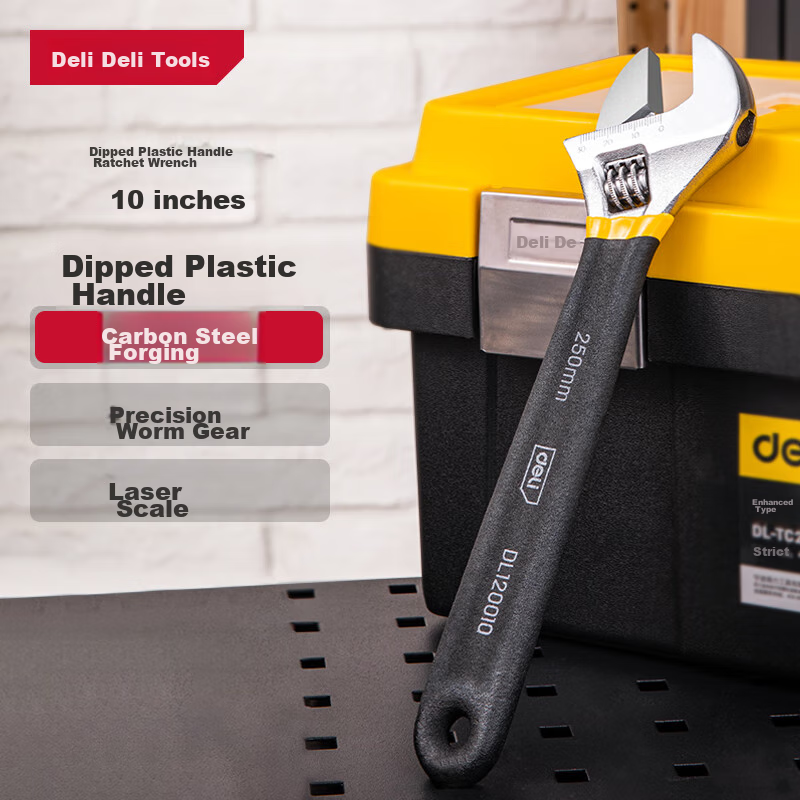 Deli Adjustable Wrench with Plastic-Coated Handle, Universal Multi-Function Torque Wrench, 10-Inch Dual-Purpose Adjustable Spanner DL120010