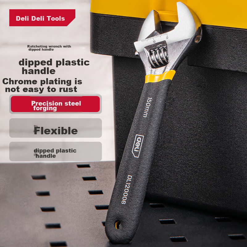 Deli Adjustable Wrench with Plastic-Coated Handle, Universal Multi-Function Torque Wrench, 6-Inch Dual-Purpose Adjustable Spanner DL120006