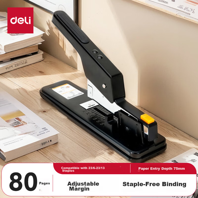 Deli 80-Page Heavy-Duty Stapler, Large And Thick Heavy-Duty Stapler, Compatible with 23/6 to 23/13 Staples, Black