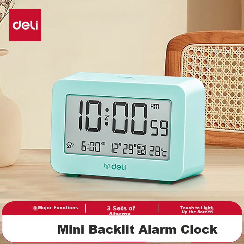 Deli Mini Multifunction Alarm Clock for Student Dormitory Backlit Electronic Clock Student Special Wake-up Artifact Green 8839