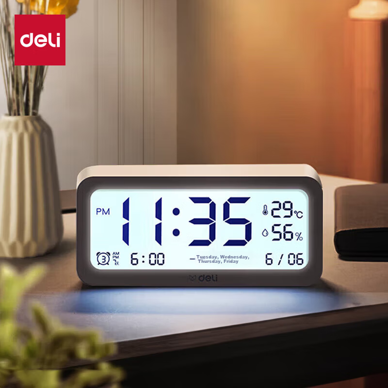 Deli Multifunctional Alarm Clock, Electronic Clock, Simple Student Style, Backlit Large Screen, Temperature And Humidity Meter, Time Management, White, 8826