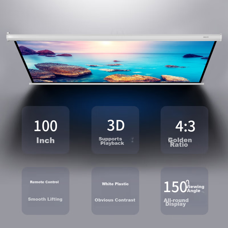 Deli 100-Inch 4：3 Electric Adjustable Projection Screen, Compatible with Jianuo, XGIMI, Dangbei Projectors, Projection Screen 50492