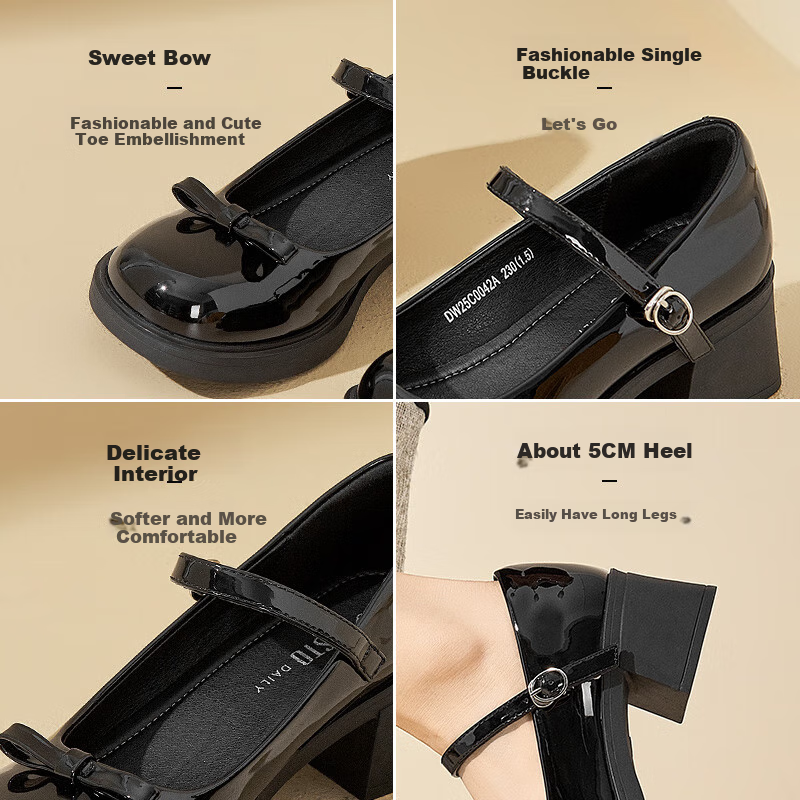 Da Dong Mary Jane Shoes 2025 Spring New Sweet Butterfly Knot High Heel Round Toe Chunky Heel Elegant Women's Shoes 0042