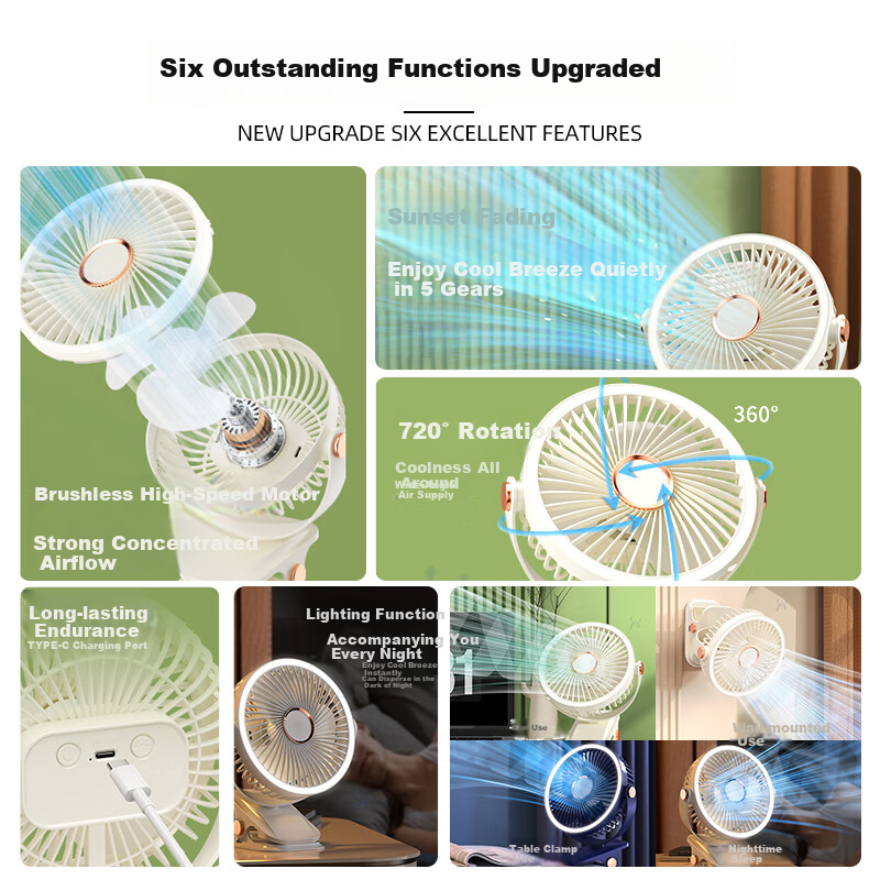 Creative Rice "Turbo Wind" Mini Fan Small Desktop Electric Fan Dormitory Bed USB Charging Clip Fan Ultra-long Endurance Silent Desktop Small Fan