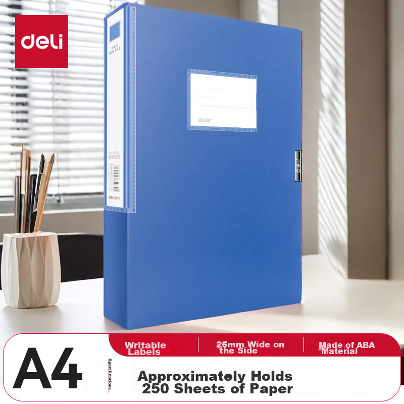 Deli 25mm Single A4 Velcro File Box, Plastic Document Organizer, Accounting File Storage Box, Office Supplies, 33509, Blue