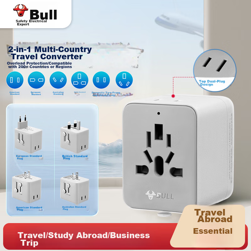 BULL 2-Outlet Multi-Country Travel Socket, Global Universal Adapter, Travel Converter, for Use in Foreign Countries And Some Regions, European Standard, American Standard, Australian Standard, British