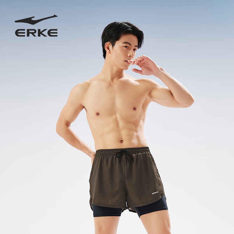 ERKE Men's Double-Layer Anti-Embarrassment Loose-Fit Quick-Dry Swim Trunks Beach Shorts for Holiday Hot Springs Swimming Equipment