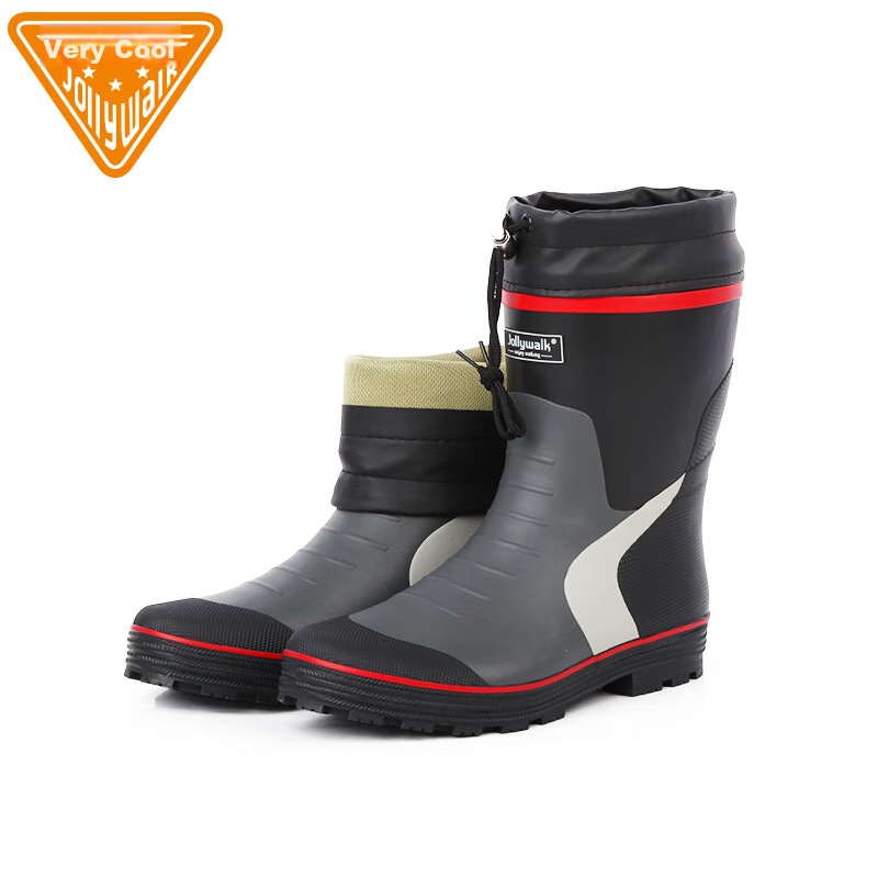 Jolly Walk Men's Mid-Calf Rain Boots Fishing Waterproof Shoe Covers Rubber Tube Boots Red Black 42