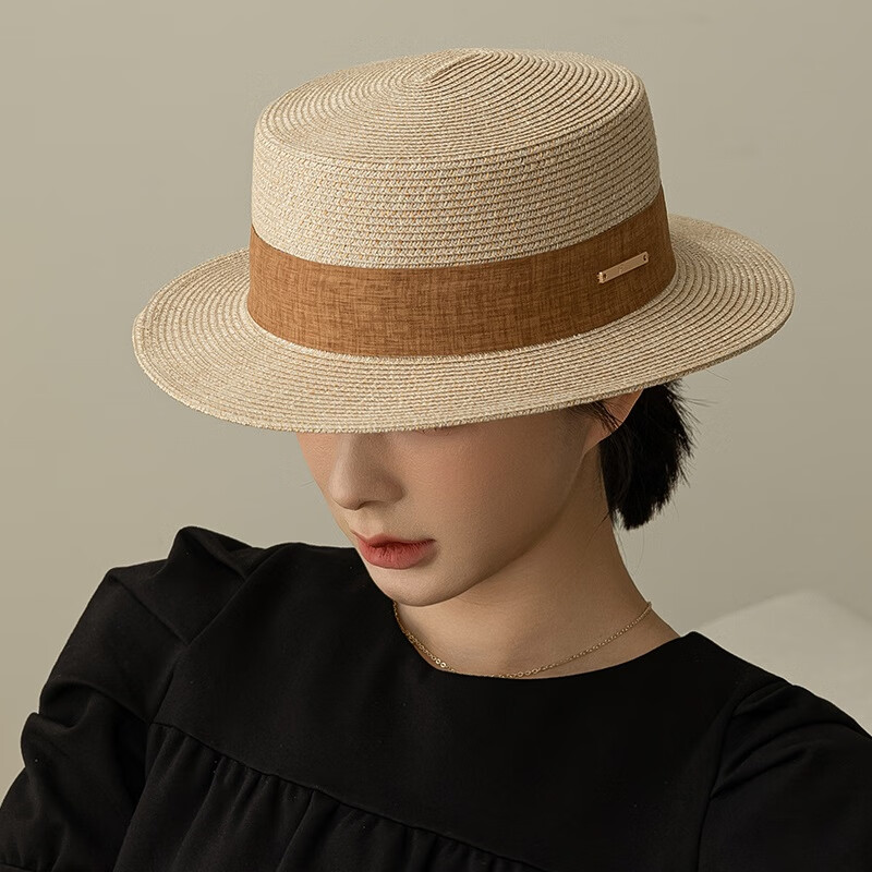 FANCET Flat Top Straw Hat Women Summer Sun Hat UV Protection Beach Sun Hat Straw Weaving Hat 56-58cm