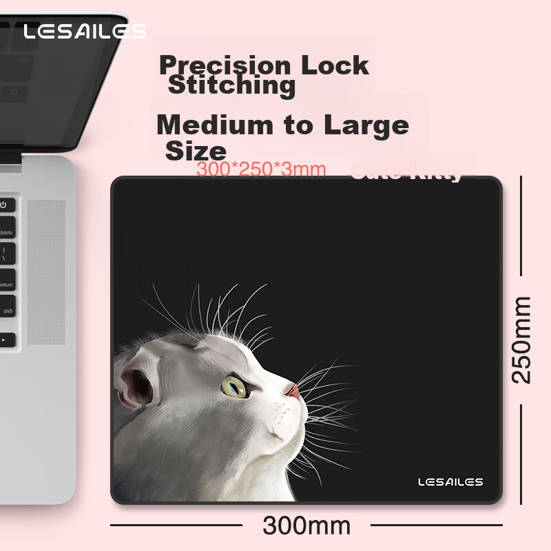 Feidun LESAILES Black Gaming Mouse Pad for Cats, Medium Size with Locked Edges, Computer Keyboard Desk Mat, Easy to Clean, 300*250*3mm