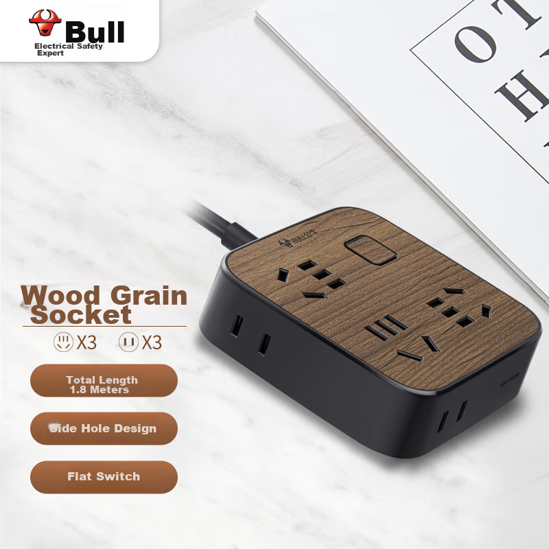 BULL New National Standard Power Strip/Extension Cord/Power Bar/Power Strip/Power Board/Extension Board, 6 Outlets with Master Switch, 1.8 Meters, Black Wood Grain, GN-R3330