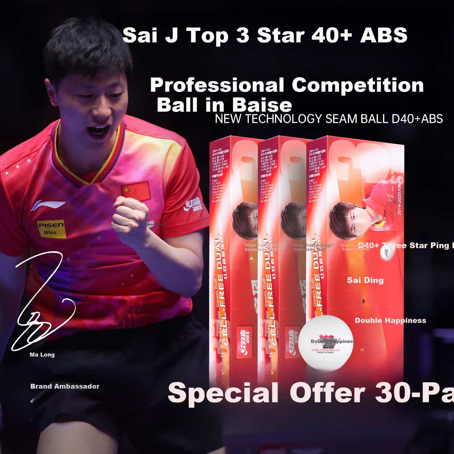 DHS 3-Star Table Tennis Balls, ABS New Material 40+, Professional Competition Balls, White, Pack of 30