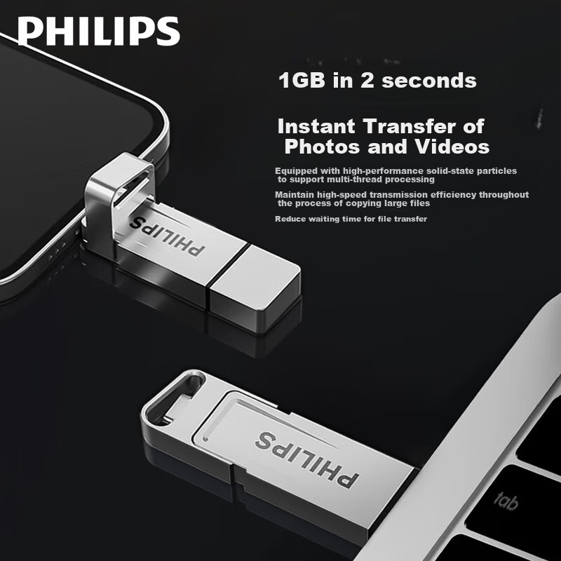 PHILIPS 256GB High-Speed Solid State USB Flash Drive with Dual Interfaces for Phone and Computer 11UT-G, Reading Speed up to 550MB/s, Large Capacity Mobile USB Flash Drive